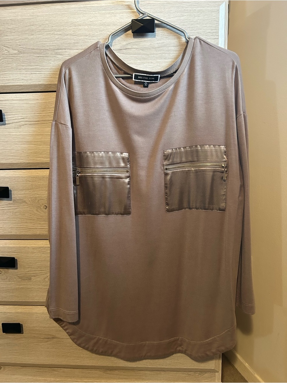 Melanie Lyne Taupe Long-Sleeve Pocket Front Blouse